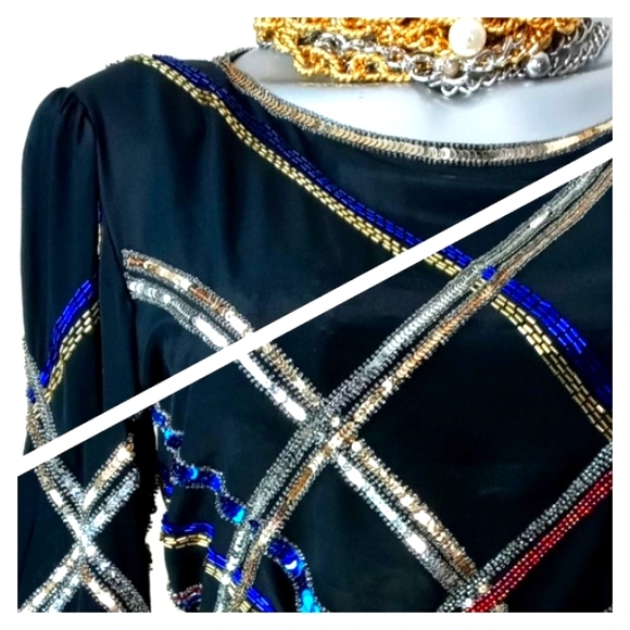 100% Silk "ARGENTI" Sequins & Beads Cocktail Vintage Top - Picture 9 of 14